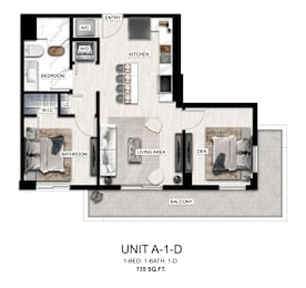 A diagram of a floor plan for a unit labeled A-1-D.