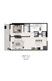 A drawing of a floor plan for a 1-bedroom, 1-bathroom apartment.