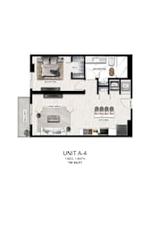 A floor plan of a 1-bedroom, 1-bathroom apartment.