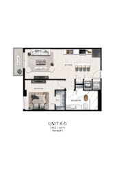 A drawing of a floor plan for a 1-bedroom, 1-bathroom apartment sized at 750 square feet.
