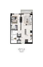 A diagram of a 1-bedroom, 1-bathroom apartment with a living area and kitchen.