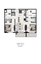 A diagram of a 2-bedroom, 2-bathroom apartment with a balcony.