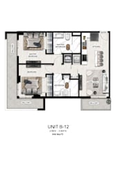 A diagram of a floor plan for a 2 bedroom, 2 bath unit.
