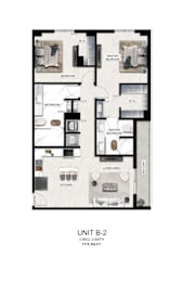 A floor plan of a 2 bedroom, 2 bathroom apartment sized 1178 square feet.