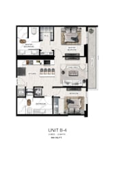 A floor plan of a 2 bedroom, 2 bathroom apartment.