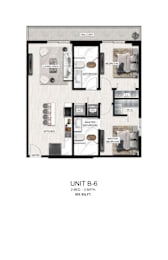 A drawing of a floor plan for a 2 bedroom, 2 bathroom apartment sized 955 square feet.
