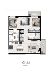 A floor plan of a 2-bedroom, 2-bathroom apartment sized at 900 square feet.