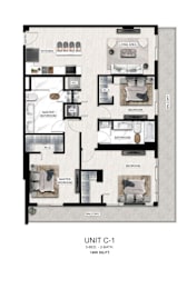 A floor plan of a 3 bedroom, 2 bathroom apartment.