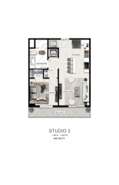 A floor plan of a studio apartment with a kitchen, living area, and bathroom.