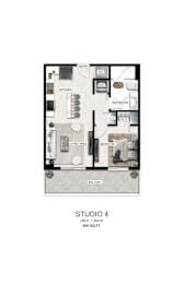 A floor plan of a studio apartment with a living room, kitchen, and bathroom.
