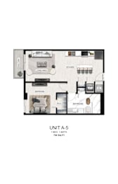 A drawing of a floor plan for a 1-bedroom, 1-bathroom apartment sized at 750 square feet.