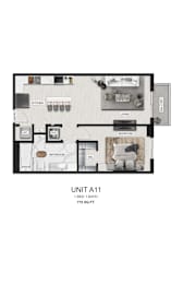 A floor plan of a 1-bedroom apartment.