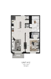 A floor plan of a 1-bedroom, 1-bath apartment with a living room, kitchen, and balcony.