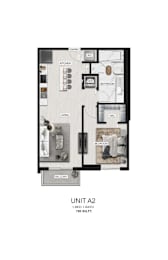 A floor plan of a 1-bedroom apartment with a bath.