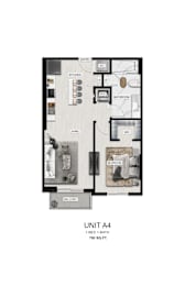A floor plan of a 1 bed 1 bath apartment with a living room, kitchen, bathroom, and bedroom.