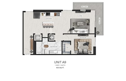 A floor plan of a one bedroom apartment.