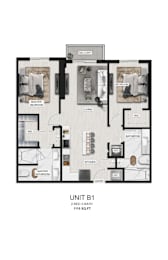 A floor plan of a unit with a master bedroom, a bathroom, a living room, a dining room, a kitchen, and a laundry room.