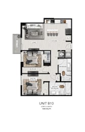 A floor plan of a 2-bedroom, 2-bathroom apartment.