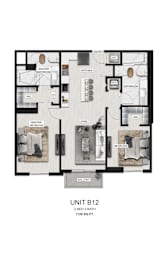 A floor plan of a 2 bedroom, 2 bathroom apartment.
