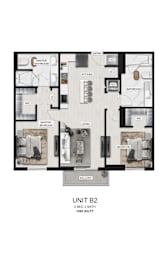 A floor plan of a 2 bedroom, 2 bath unit.
