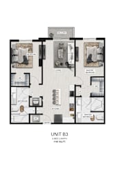 A floor plan of a 2-bedroom, 2-bath unit with a living room, dining room, kitchen, and laundry area.