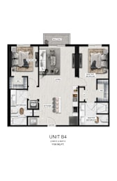 A floor plan of a 2-bedroom, 2-bathroom apartment.