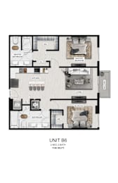 A floor plan of a unit with a living room, dining room, kitchen, and bathroom.