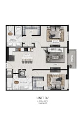 A black and white image of a floor plan for a 2-bedroom, 2-bathroom apartment.