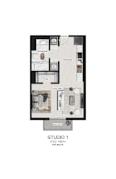 A floor plan of a studio apartment with a bathroom, kitchen, living area, and balcony.