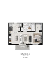 A floor plan of a studio apartment with a kitchen, living room, and bathroom.