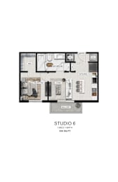 A floor plan of a studio apartment with a kitchen, living room, and bathroom.