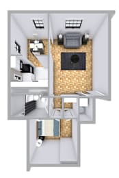A 3D floor plan of a small apartment with a kitchen, living room, and bathroom.