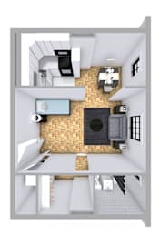 A 3D floor plan of a house with a kitchen, living room, and bathroom.
