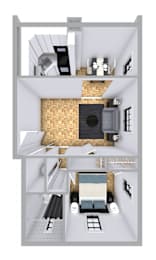 A 3D floor plan of a small apartment with a living room, kitchen, and bathroom.