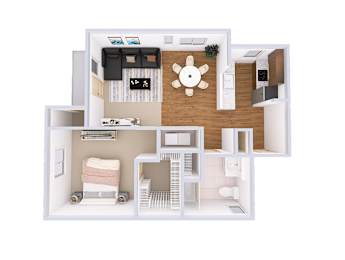 A top-down view of a small apartment with a kitchen, living room, and bathroom.