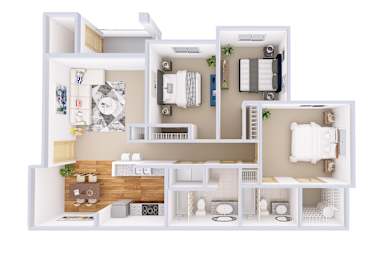 A white 3D floor plan of a house with furniture and appliances.