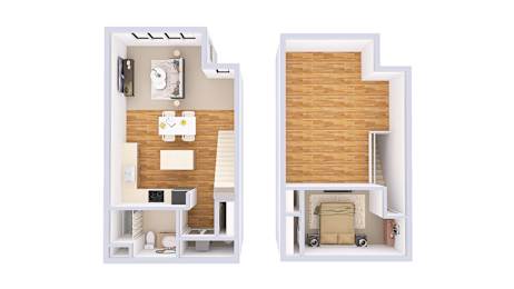 A cutaway diagram of a house showing the interior of a room with a kitchen and a bedroom.