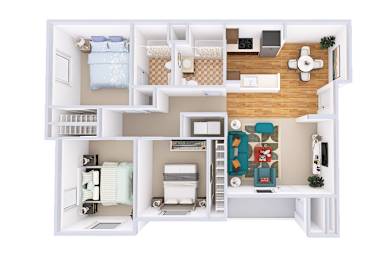 A top-down view of a small apartment with a bedroom, living room, kitchen, and bathroom.