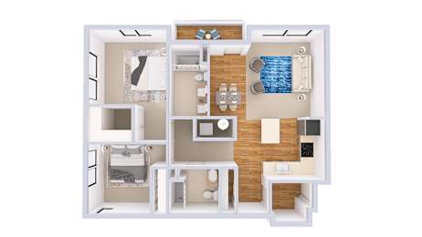 A 3D floor plan of a small apartment with a bedroom, living room, and kitchen.