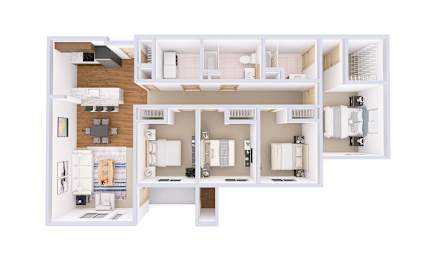 A white floor plan of a house with a kitchen, living room, and bathroom.