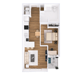 A floor plan of a room with a kitchen, living room, and bathroom.