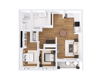 A top-down view of a living room with a couch, coffee table, and television.