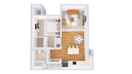 A floor plan of a small apartment with a kitchen, living room, and bathroom.