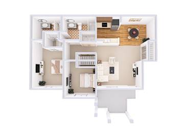 A white floor plan of a house with a kitchen, living room, and bathroom.