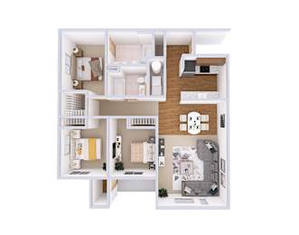 A 3D floor plan of a house with a kitchen, living room, and bathroom.