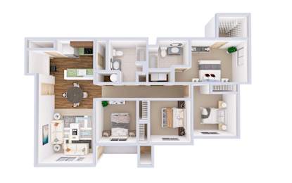 A white 3D model of a house with various rooms and furniture.
