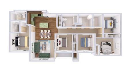 A 3D floor plan of a house with a kitchen, living room, and bedrooms.