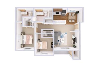 A top-down view of a small apartment with a kitchen, living room, and bathroom.