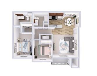 A top-down view of a small apartment with a kitchen, living room, and bathroom.