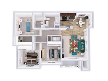 A 3D floor plan of a small apartment with a kitchen, living room, and bedroom.